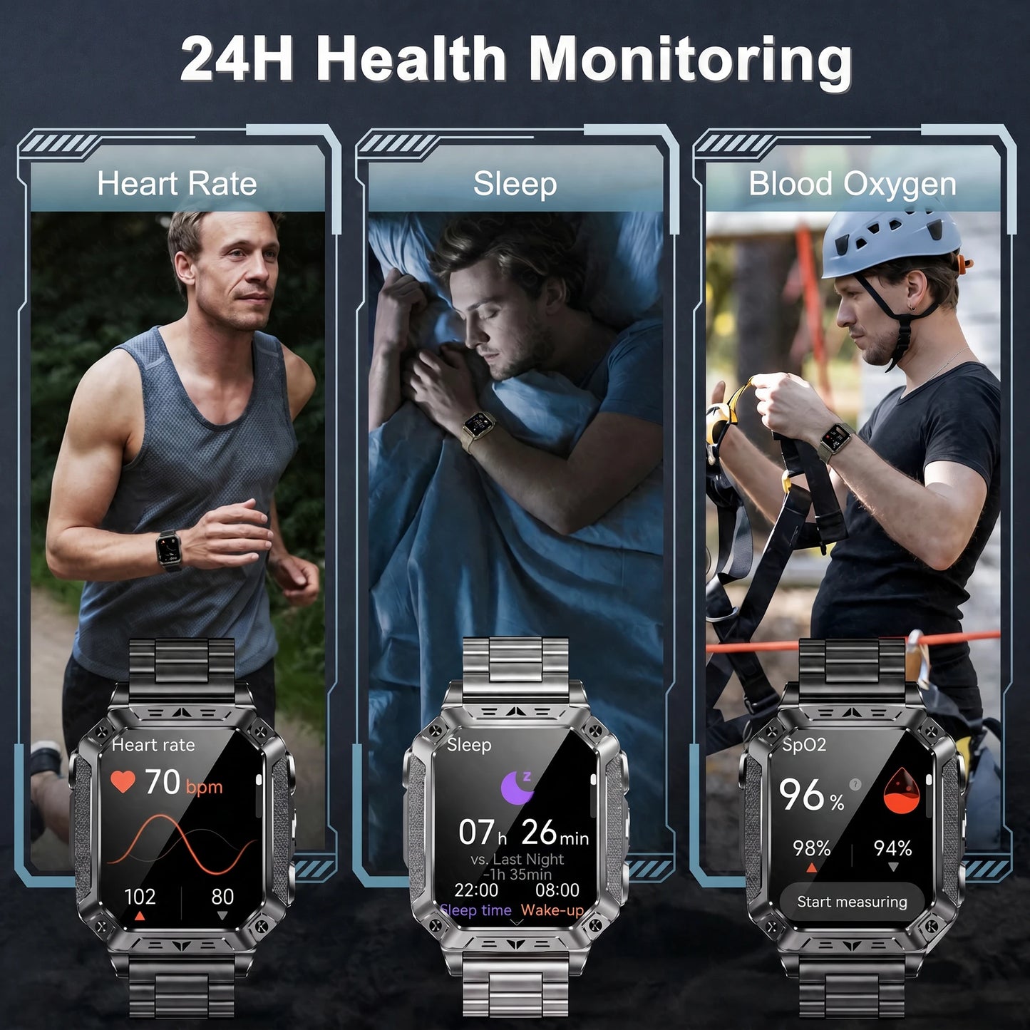 2026 New Military Grade 1400mAh Sports Smart Watch 10ATM Waterproof Flashlight Heart Rate Bluetooth Call Outdoor Smartwatch Men