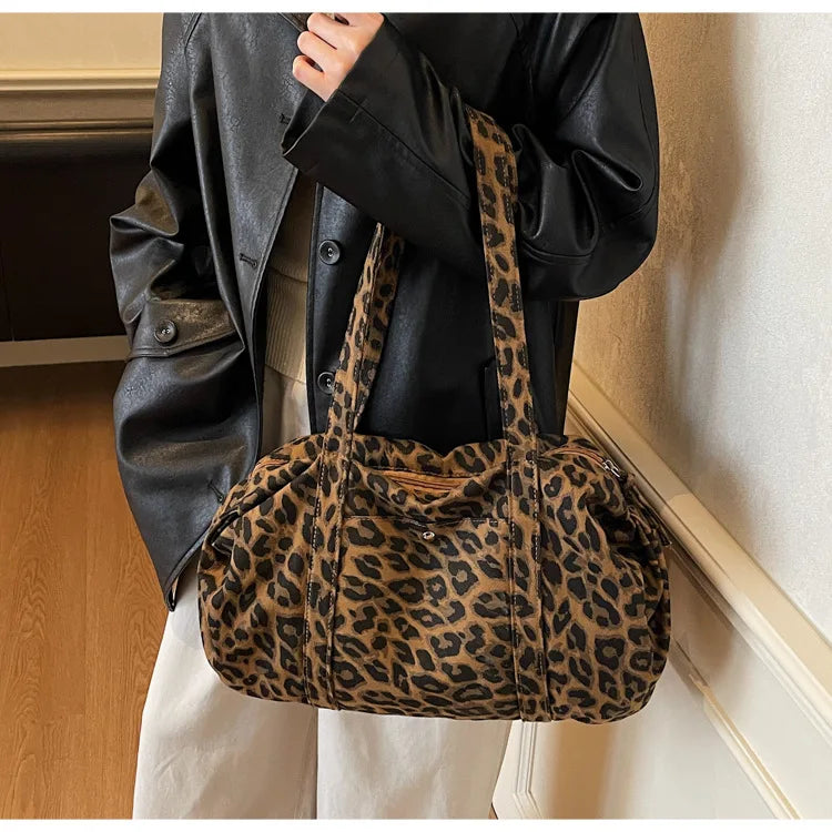 Trendy Leopard Print Canvas Shoulder Bag Large Capacity Fashion Tote Handle Bag for Daily Commute Versatile Texture Storage Bags