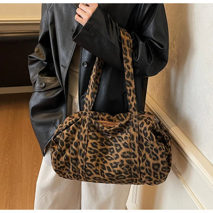 Trendy Leopard Print Canvas Shoulder Bag Large Capacity Fashion Tote Handle Bag for Daily Commute Versatile Texture Storage Bags