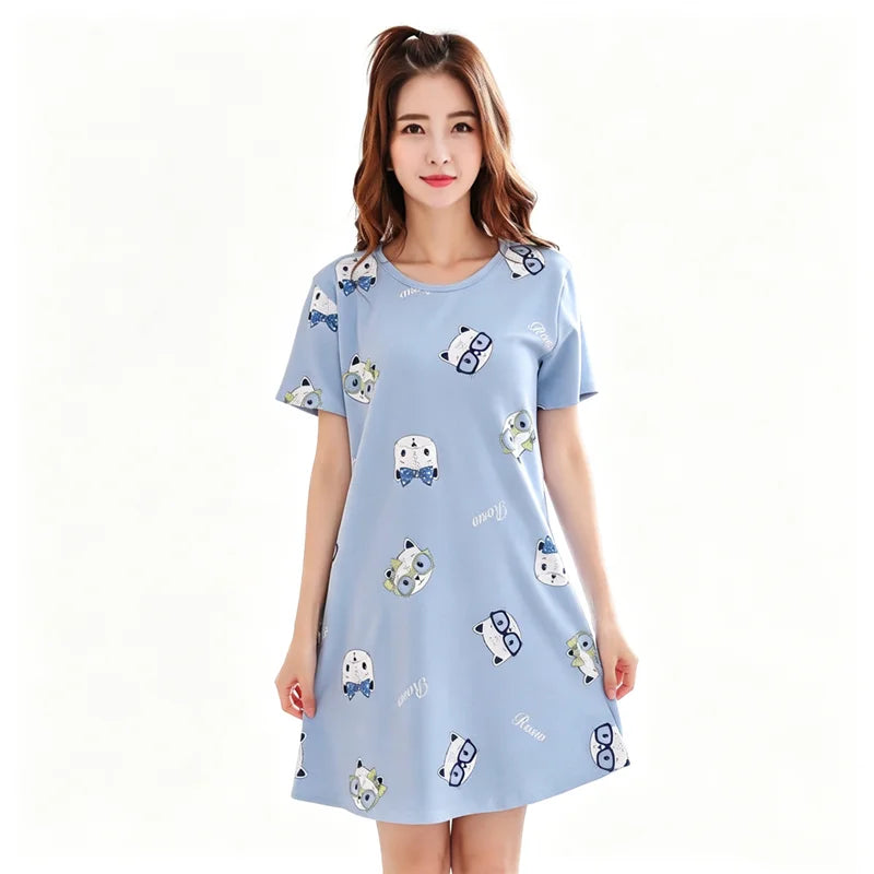 Summer Thin Comfortable Home Clothes Short Sleeve Loose Women's Nightgown Cartoon plus Size Casual Wear round Neck Pullover