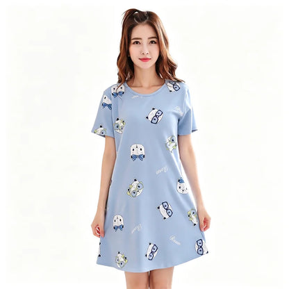Summer Thin Comfortable Home Clothes Short Sleeve Loose Women's Nightgown Cartoon plus Size Casual Wear round Neck Pullover