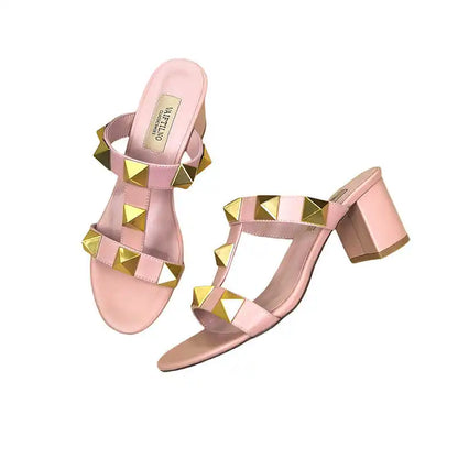 Women's Heels Sandals Gladiator Summer Luxury Brand Designer Rivets Open Toe Slipper Slingbacks Comfortable Ladies Shoes Women