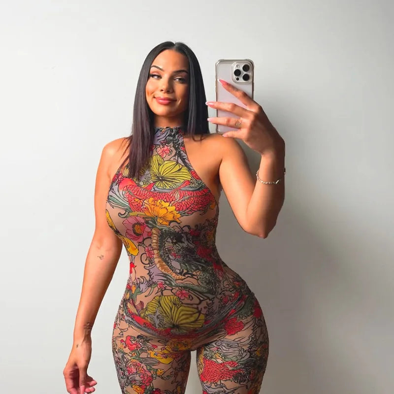 Sheer Mesh Print Transparent Sexy Bodycon Backless Jumpsuit Women Sleeveless Summer Rompers Jumpsuits for Women Playsuit