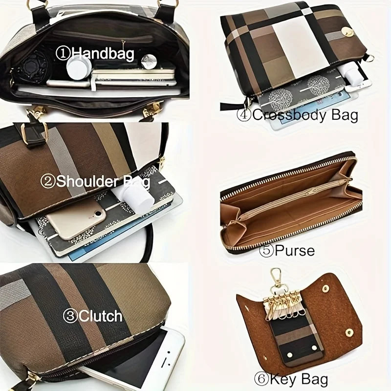 6 Pcs Women Plaid Handbag Set Fashion Checkered PU Leather Tote Shoulder Crossbody Bag Ladies Clutch Purse Card Coin Wallet Multi-piece Bag Set For Daily Shopping Party