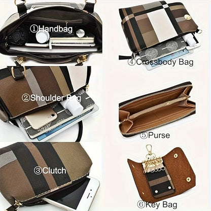 6 Pcs Women Plaid Handbag Set Fashion Checkered PU Leather Tote Shoulder Crossbody Bag Ladies Clutch Purse Card Coin Wallet Multi-piece Bag Set For Daily Shopping Party
