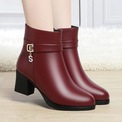 High-Heeled Leather Shoes Spring Single Shoes Thick Heel Thick Sole Slip-On Women's Shoes Square Toe Middle-Aged Mother's Shoes
