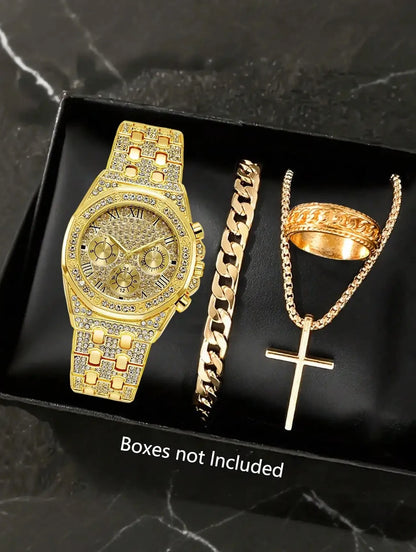 Fashion watch gift set, diamond studded hip-hop watch bracelet necklace set, quartz watch set