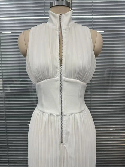 Sexy Deep V Neck Hollow Zip Jumpsuit Women's Spring Solid High Waist Wide Leg Romper Summer Sleeveless Pleated Vacation Overalls