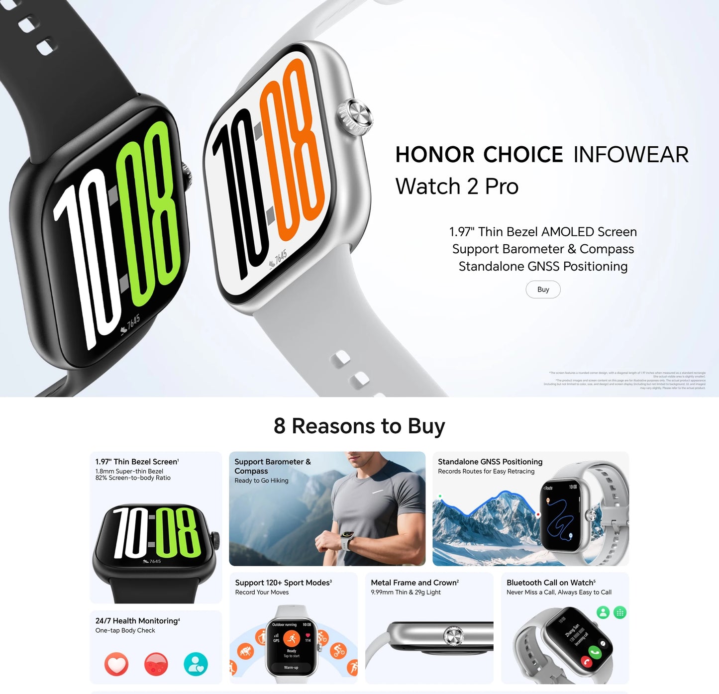 New Honor Choice Watch 2 Pro Smartwatch 5ATM+IP68 Waterproof 1.97" Bezel AMOLED Screen Barometer GPS GNSS Compass 360mAh Battery