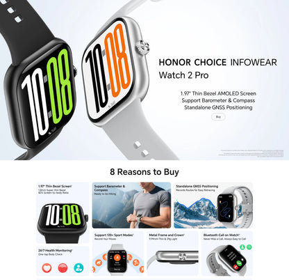 New Honor Choice Watch 2 Pro Smartwatch 5ATM+IP68 Waterproof 1.97" Bezel AMOLED Screen Barometer GPS GNSS Compass 360mAh Battery