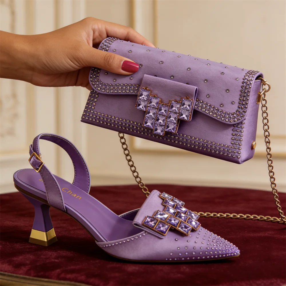 Mineral Blue Rhinestone High Heel Shoes & Matching Bag Fashionable Pointed-Toe Footwear for Women - Perfect for Parties
