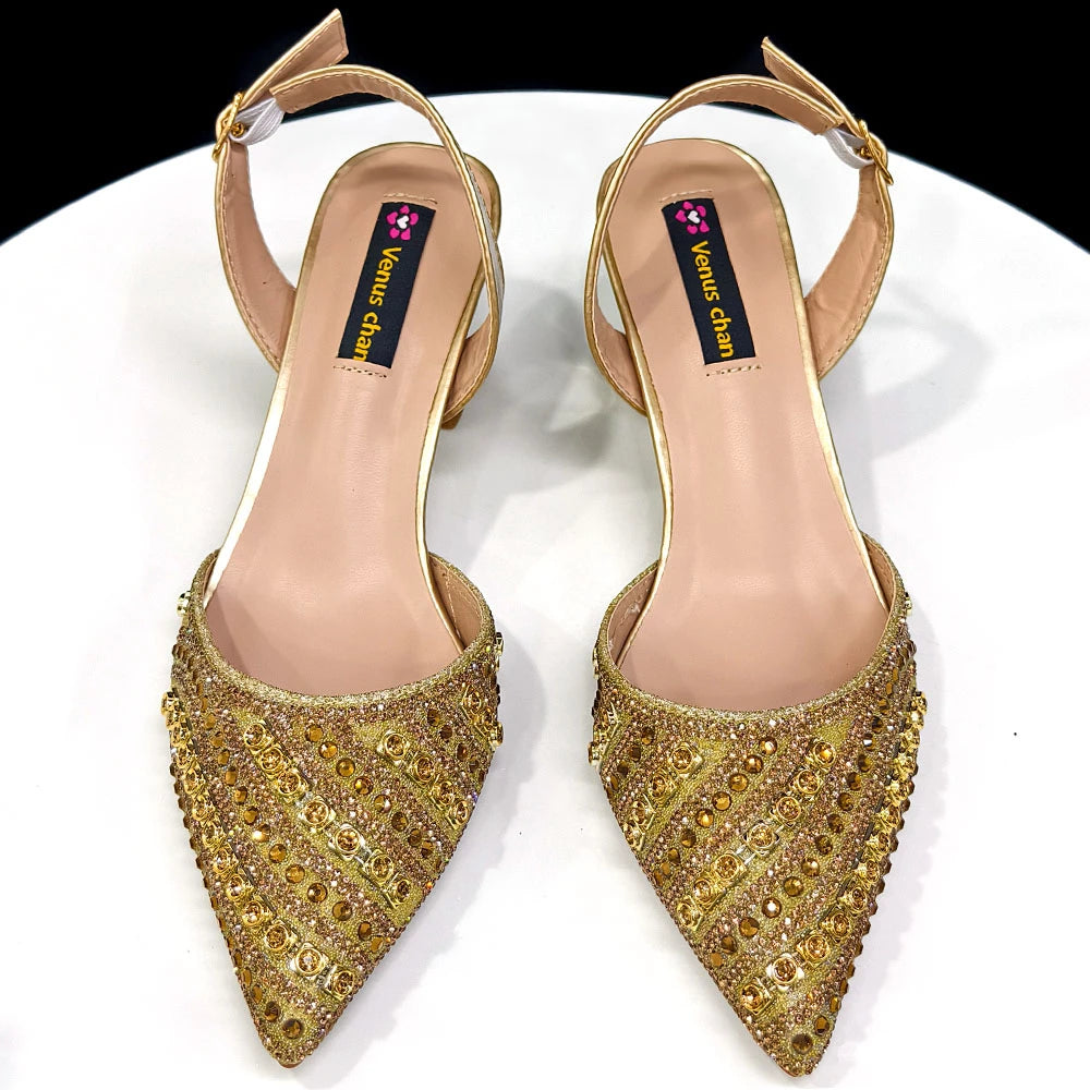 2025 Shiny Italian Fashion Pointed Toe Women Heel Fashion Rhinestone Decoration Fuchsia Color Shoes And Bag Set