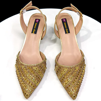 2025 Shiny Italian Fashion Pointed Toe Women Heel Fashion Rhinestone Decoration Fuchsia Color Shoes And Bag Set