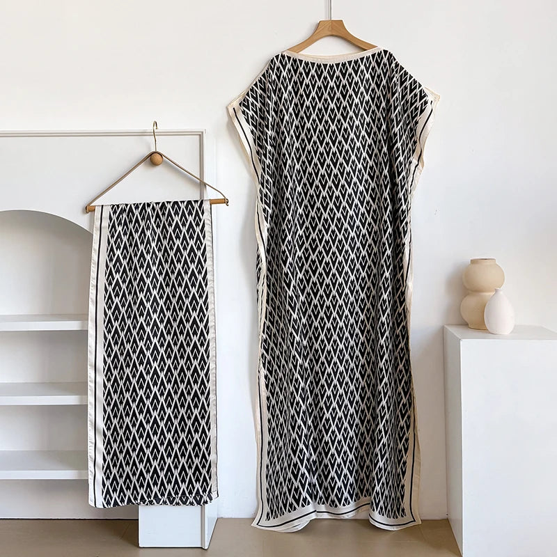 Ladies Scarf New Dubai Fashion Print Design Women Long Dress 2026 Summer Beach Party Loose Dress Silk Soft African Abaya MOOMOO