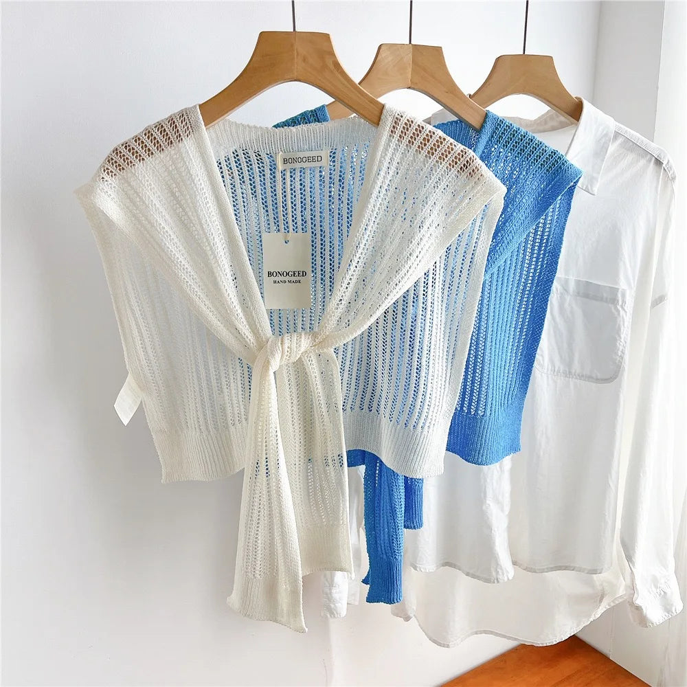 Women Plain Solid Lace Hollow Out Shawls Summer Air Conditioning Fake Collar Neck Guard Knit Thin Knotted Cape Shoulder Scarves
