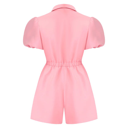 Fashion Women Short Puff Sleeve Romper Lapel Front Button Elastic Waist Shorts Jumpsuit for Office Vacation Casual Clothing