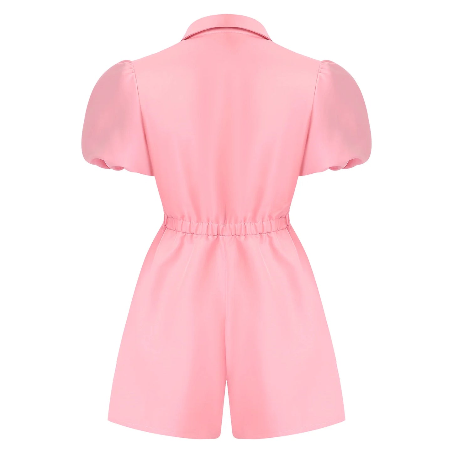 Fashion Women Short Puff Sleeve Romper Lapel Front Button Elastic Waist Shorts Jumpsuit for Office Vacation Casual Clothing