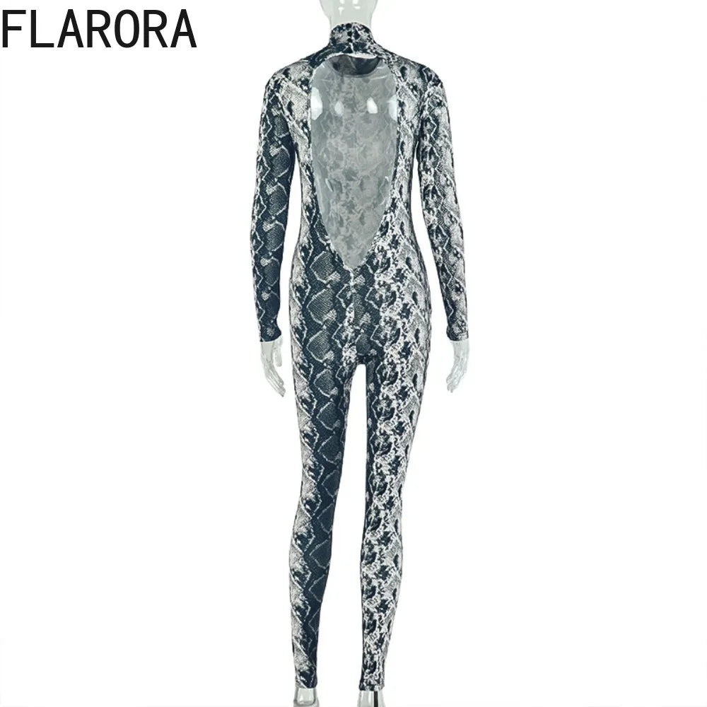 FLARORA Vintage Serpentine Printing Jumpsuits Woman Trend Turtleneck Full Sleeve Skinny Peach Hip Night Party Clubwear Overalls