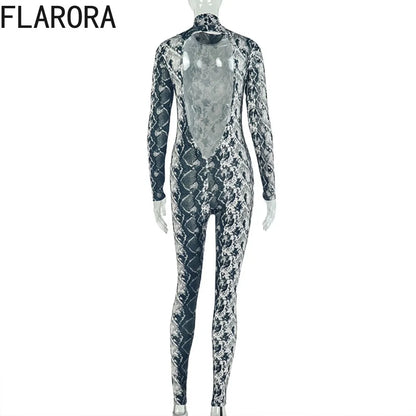 FLARORA Vintage Serpentine Printing Jumpsuits Woman Trend Turtleneck Full Sleeve Skinny Peach Hip Night Party Clubwear Overalls