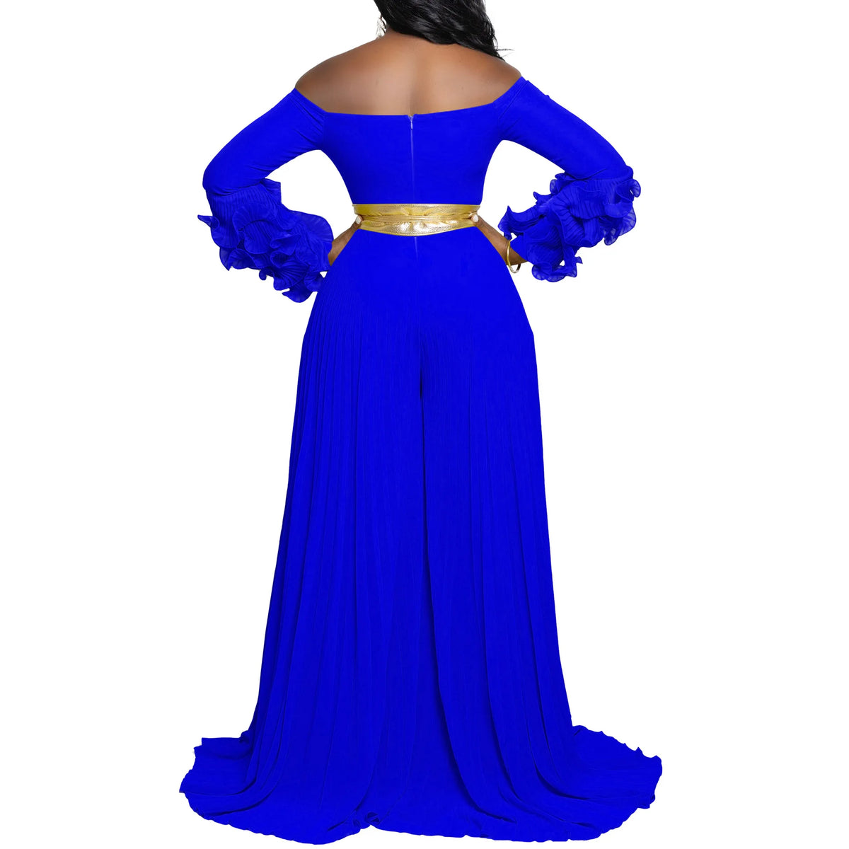 CM.YAYA Women Long Ruffles Sleeve Pleated Slash Neck Wide Leg Long Jumpsuits Party Beach Belt Street Sexy Africa Outfit Rompers