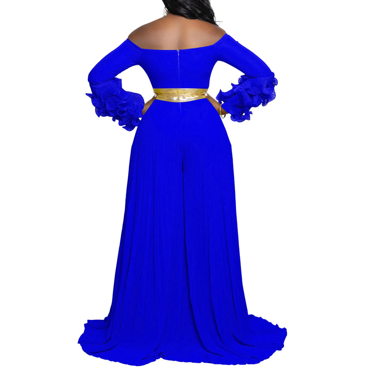 CM.YAYA Women Long Ruffles Sleeve Pleated Slash Neck Wide Leg Long Jumpsuits Party Beach Belt Street Sexy Africa Outfit Rompers