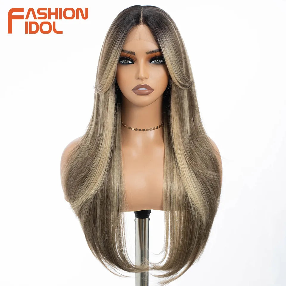 FASHION IDOL 26inch/65cm Straight Hair Lace Front Wigs Synthetic Hair Ombre Blonde Brown Hair Wigs Cosplay Heat Resistant Fiber