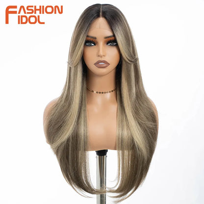 FASHION IDOL 26inch/65cm Straight Hair Lace Front Wigs Synthetic Hair Ombre Blonde Brown Hair Wigs Cosplay Heat Resistant Fiber