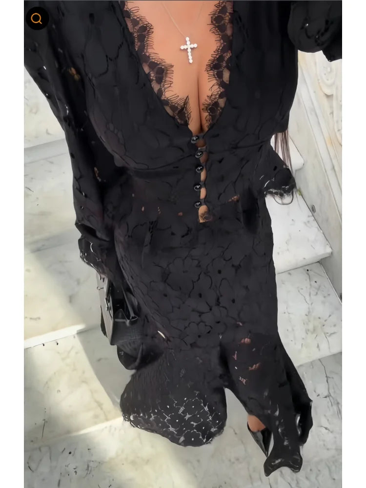 Delicate Lace V-Neck Flare Sleeve Peplum Top High Waist Mermaid Hem 2026 Spring Elegant Women Trendy Retro Sophisticated Co-Ord