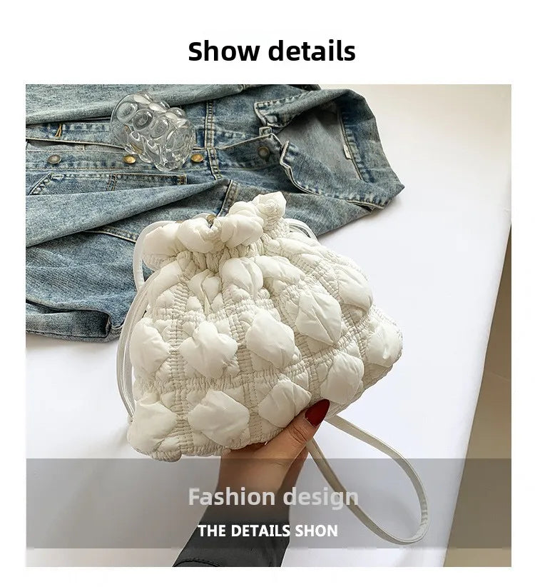 Women Drawstring Shoulder Bags Detachable Strap Quilted Crossbody Bag Solid Color Soft Padding Handbag for Outdoor Travel