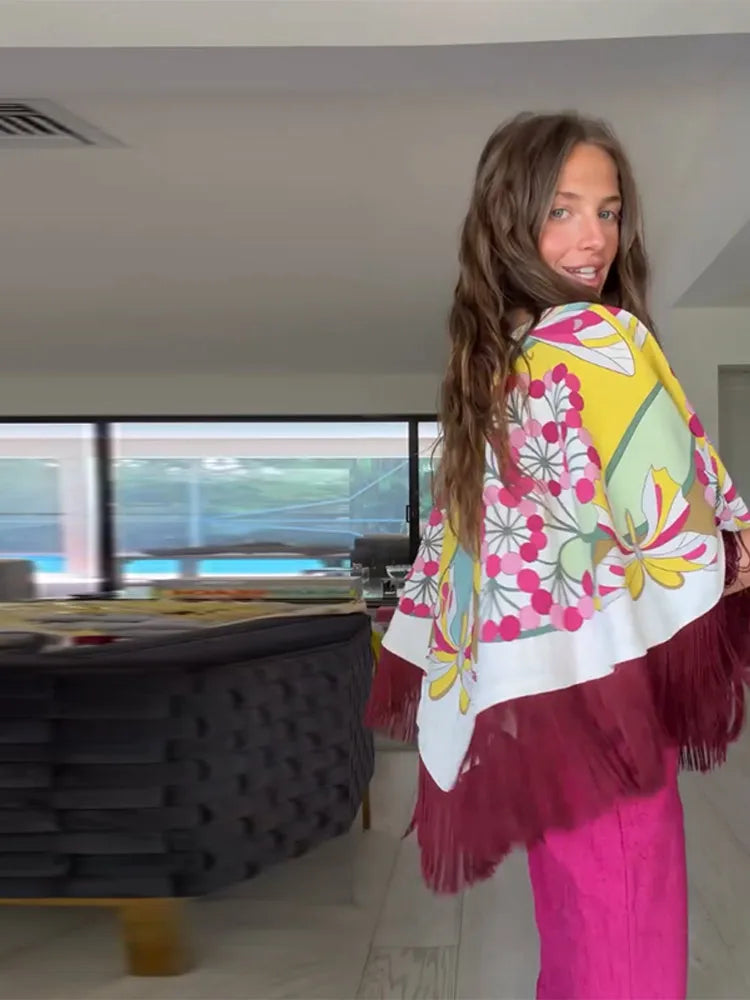Elegant Printed Women's Shawl Fringed O-Neck Irregular Lady Cape 2026 Spring Summer Fashion Female Tassels Street Wear
