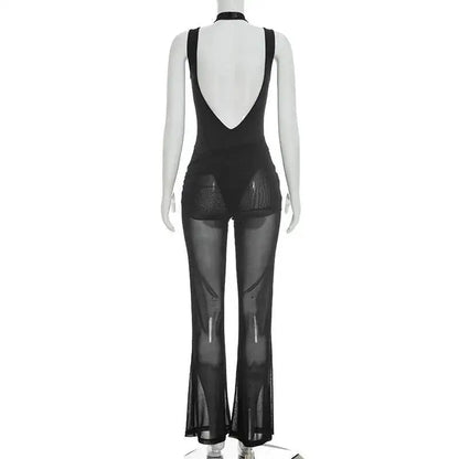 Sibybo Sleeveless Sheer Mesh Patchwork Women Jumpsuit Black Backless Ribbons High Stretch Bodycon Rompers Female Party Clubwear