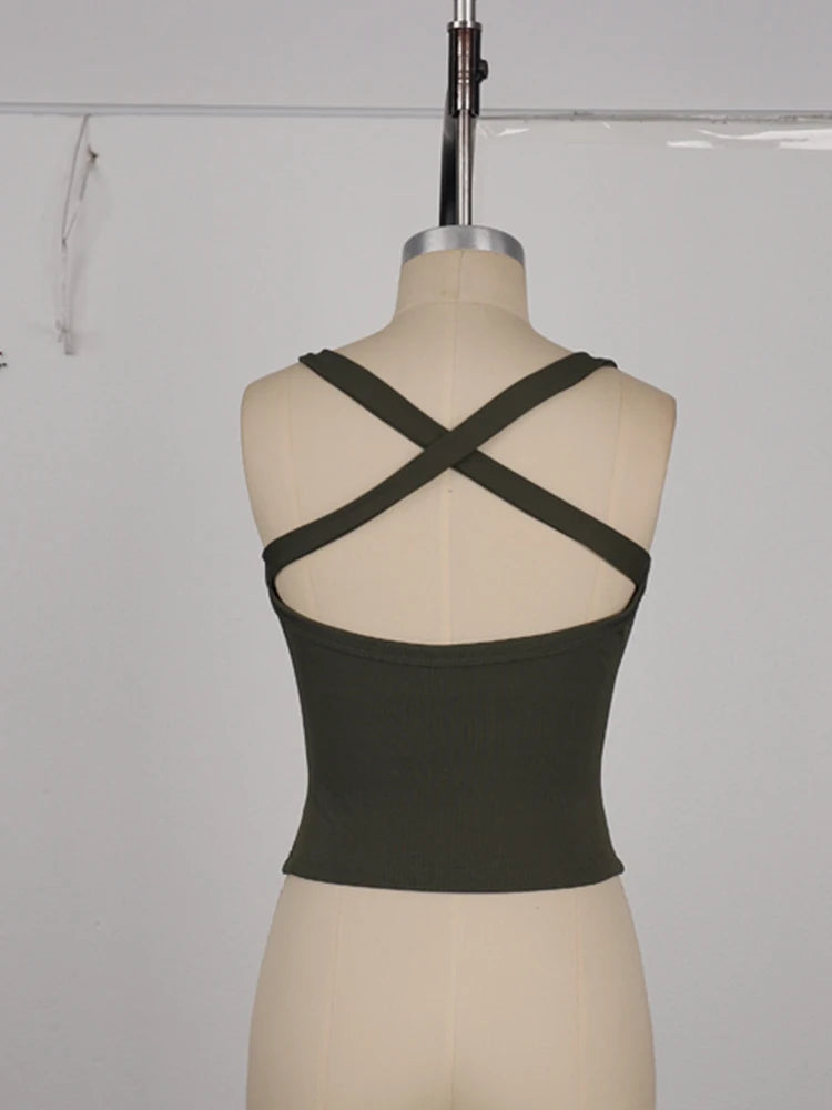 Low-Neck Vest Women Cross Shoulder Strap Solid Skinny Stretch Sexy Midnight Hottie Beach Party Sporty Basis Tops