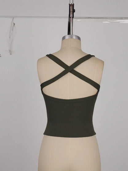 Low-Neck Vest Women Cross Shoulder Strap Solid Skinny Stretch Sexy Midnight Hottie Beach Party Sporty Basis Tops