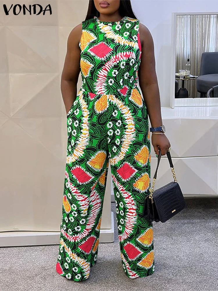 Women Jumpsuits Vintage Printed Sleeveless Overalls 2025 VONDA Summer Beach Wide Leg Playsuits Casual OL Work Long Jumpsuits