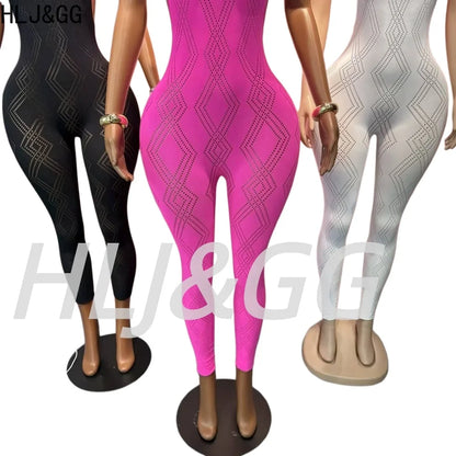 HLJ&GG Sexy Knitting Hollow Stretchy One Piece Jumpsuits Women Sleeveless Backless Slim Playsuits Female See Though Club Overall