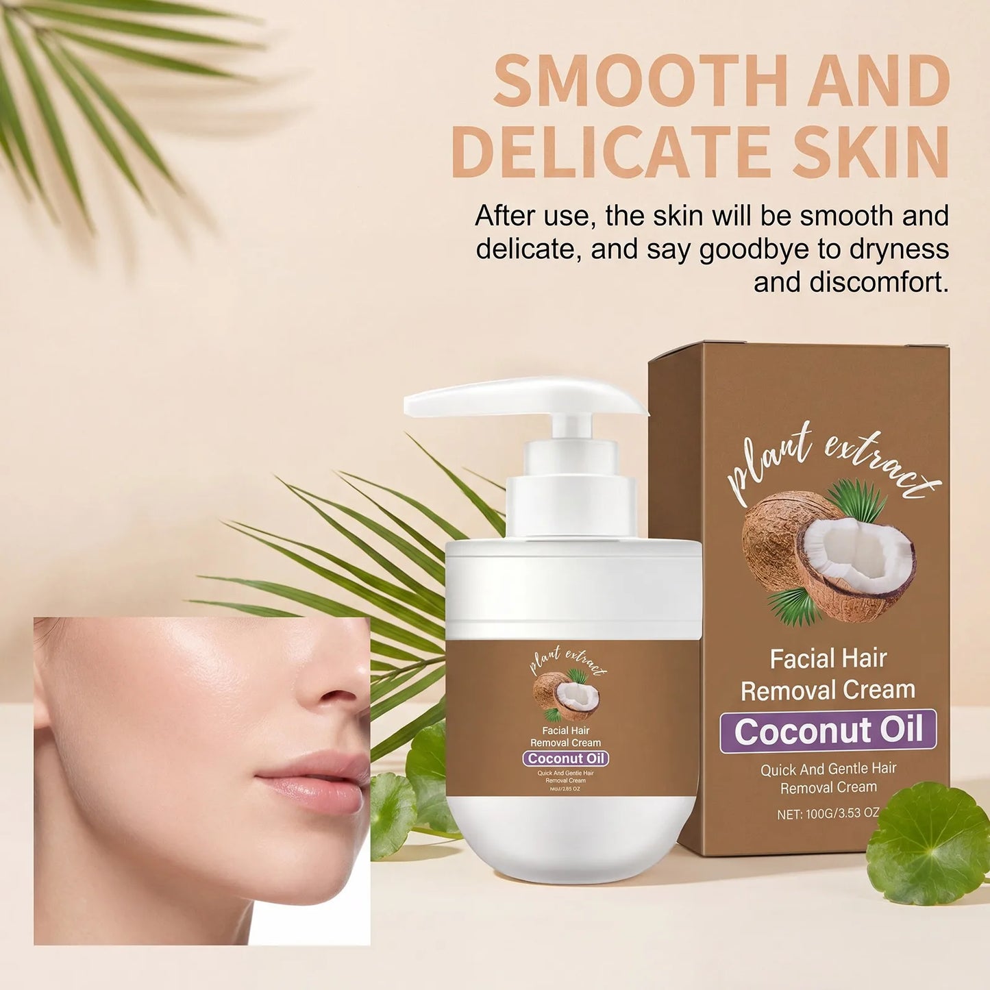 Coconut Oil Hair Removal Cream Face Fast Hair Remover Painless Nourishing Smooth Skin  Gentle Formula Non Greasy Dry Skin 100g