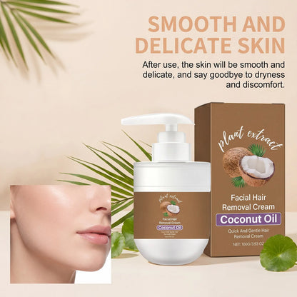 Coconut Oil Hair Removal Cream Face Fast Hair Remover Painless Nourishing Smooth Skin  Gentle Formula Non Greasy Dry Skin 100g