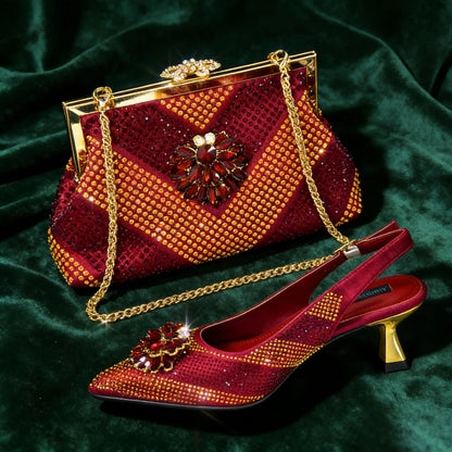 Venus Chan 2026 Italian Luxury Rhinestone Wine Pointed Toe High Heels with Matching Bag Set – Ideal for Parties and Special