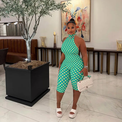 Spring Summer New Jumpsuits Playsuits Women's Backless Rompers Sexy Halter Sleeveless Lace-up Polka Dot Print Jumpsuits