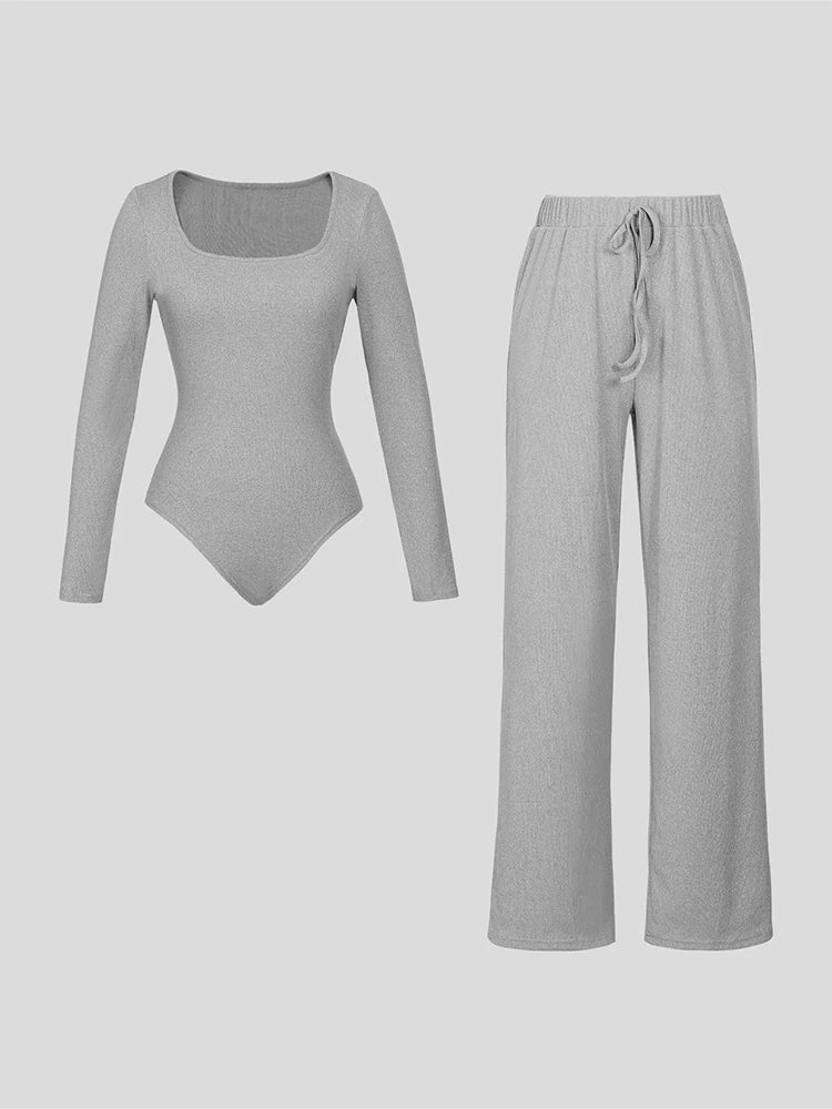 Ladies Casual Two-Piece Suit round Neck Long Sleeve Top with Wide Leg Pants Pure Color Straight Loose Trousers Elegant Outfit