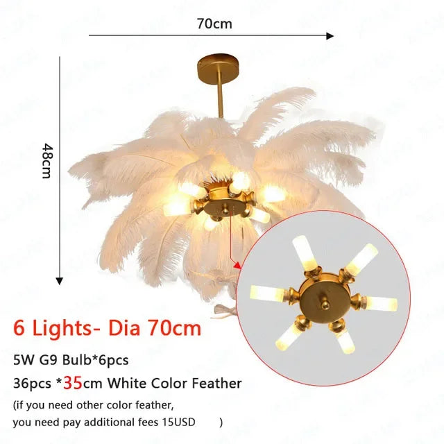 Nordic White Ostrich Feather Pendant Light Modern Led Chandelier Lights for Living Dining Room Children's Decor Hanghing Lamp