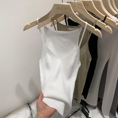 2026 Women Summer Style Sleeveless Vest Solid Color Slim Fit V Neck Knitted Top Fashionable Versatile Base Layer Knit Tank Tops