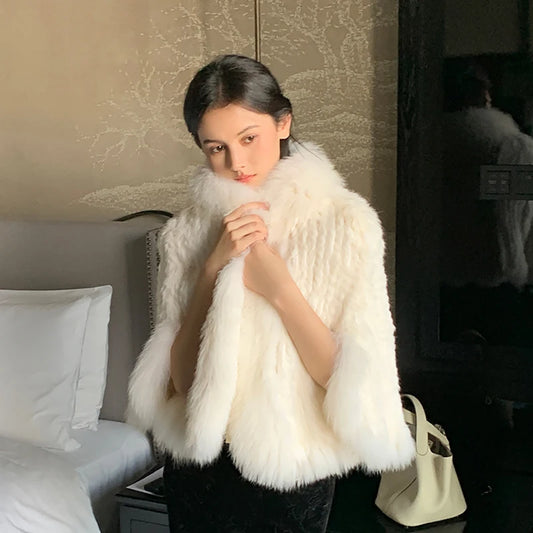 Rabbit Fur Knitted Cape Fox Fur Collar Shawl Autumn Winter Warm Genuine Rabbit Fur Pashmina Women's Rabbit Fur Top Cat Poncho