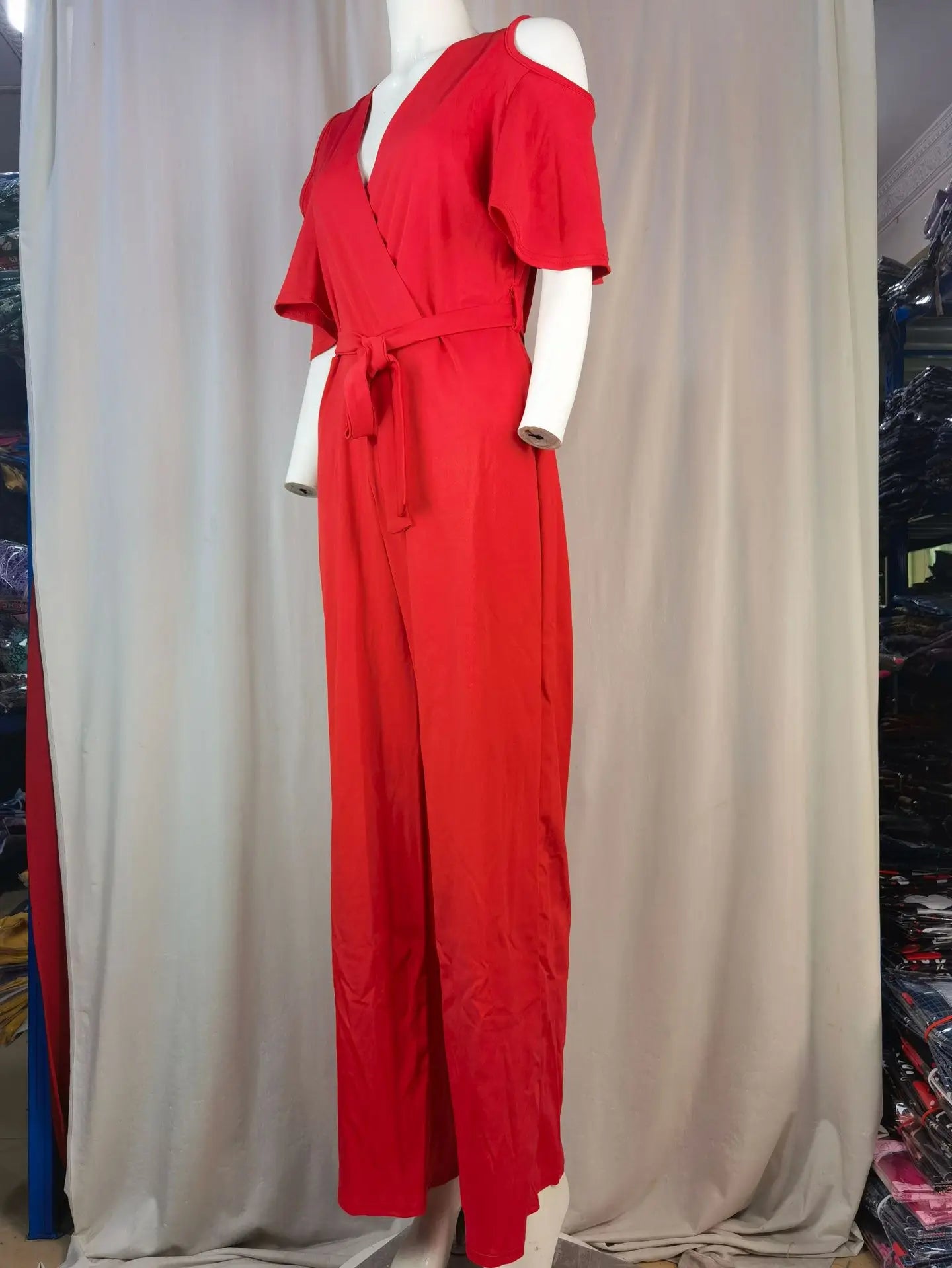 2024 Spring/Summer New Women's jumpsuit loose and elastic V-neck off shoulder waist loose wide leg pants for women's clothing