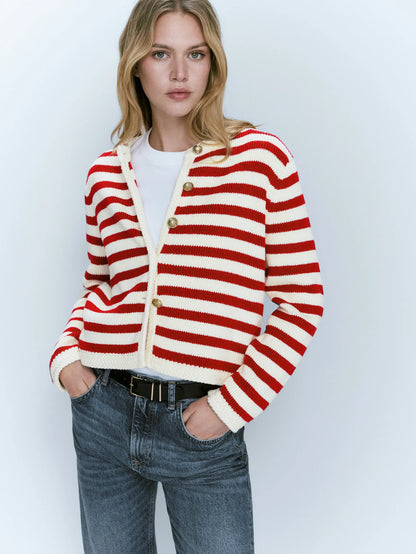 Ethereal Traf Md 2026 YAZHIMEI autumn new style of Women's casual fashion red Slim-fit commuter buckle classic striped cardigan