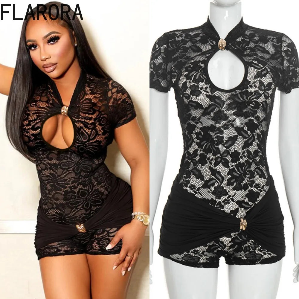 FLARORA Sexy Lace See Through Rompers Woman Hollow Metal Buckle V Neck Short Sleeve Ruched Patchwork Skinny Peach Hip Playsuits