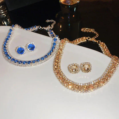 FYUAN Luxury Crystal Necklace Earrings Set Pink ABcolourful Necklace for Women Weddings Party Jewelry Sets Accessories