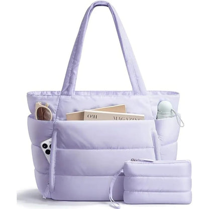 Large Capacity Puffer Tote Bag for Women Multiple Pockets with Coin Purse Commuting Bags Lightweight Water-resistant Mom Bag