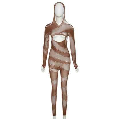 OMSJ High Stretchy Knitted Cut Out See-through Tight Jumpsuit High Waist Full Sleeve Hooded One Piece Nightclub Romper Partywear