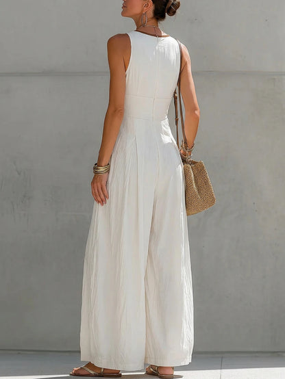 Women's Deep V Neck Sleeveless Front Zip Pocket Wide Leg Jumpsuit For Street Travel Daily Weekend Casual Fashion Occasions